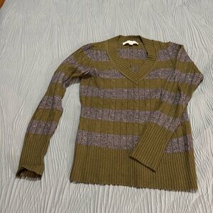 Ann Taylor Loft gray and green striped v-neck sweater, women’s XS